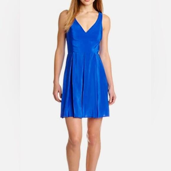 Amanda Uprichard Royal Blue 100% Silk Plunging Neckline Mini Dress Medium - Picture 1 of 9